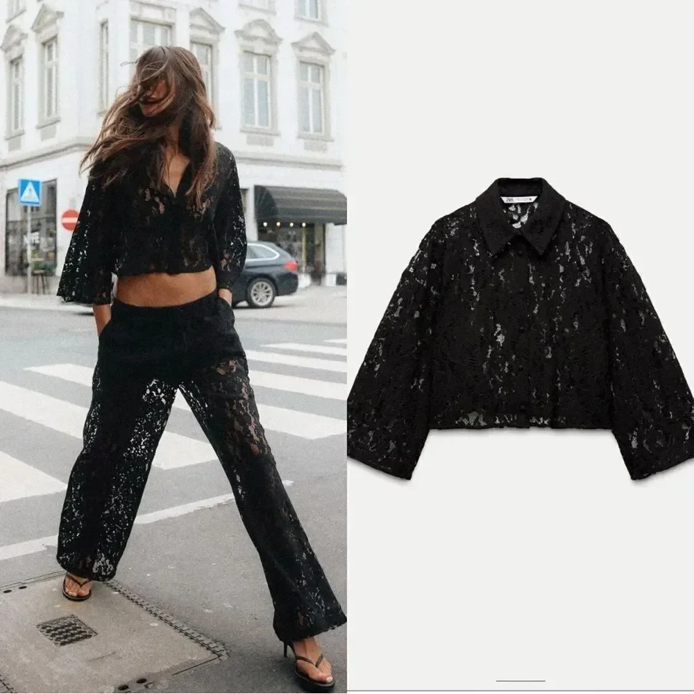 Zara Sheer Lace Black Crop Top Size XS
